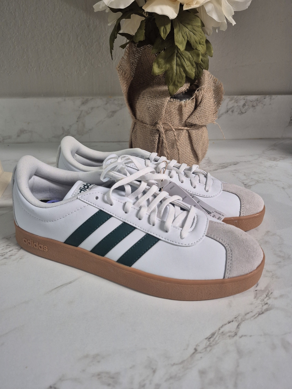 Adidas Men's White Sneakers with Green Stripes NWT